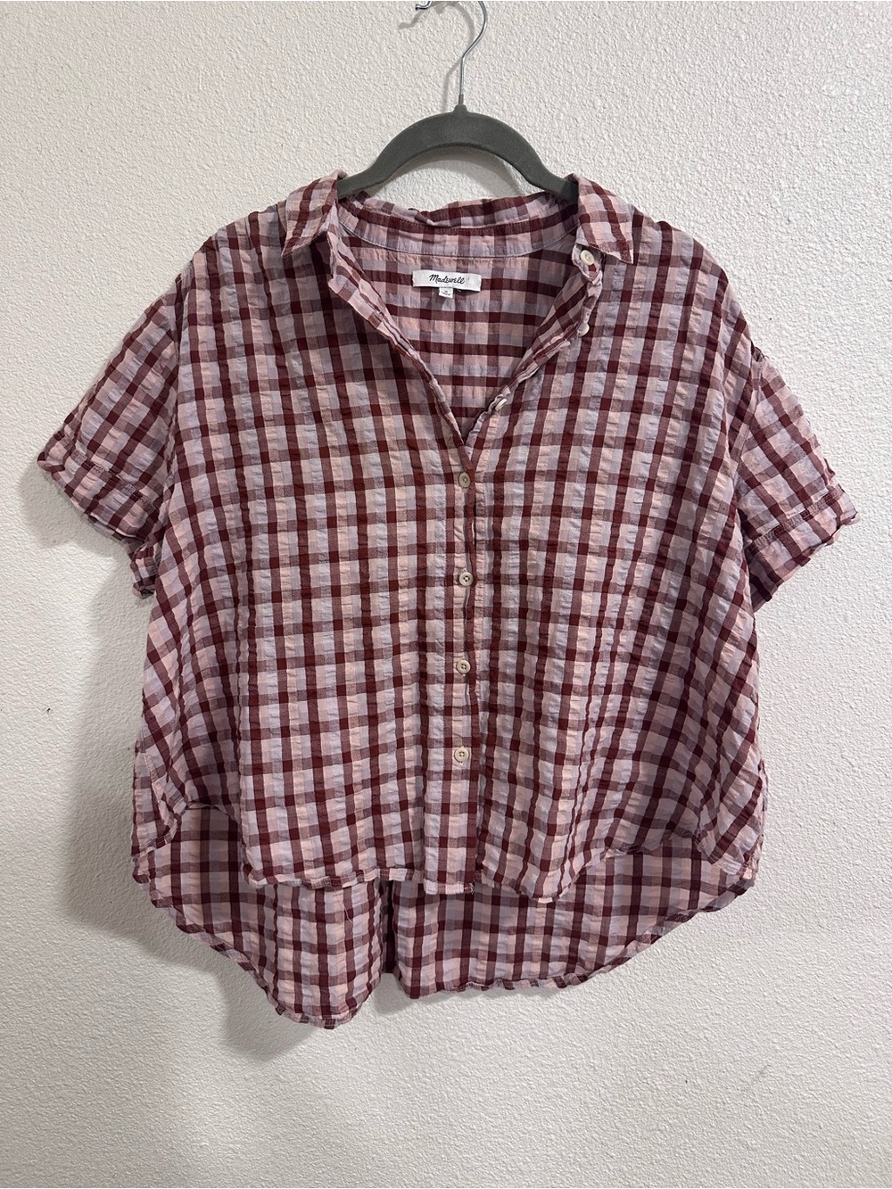 J. Crew Pink and Burgundy Plaid Short-Sleeve Button-Down Shirt